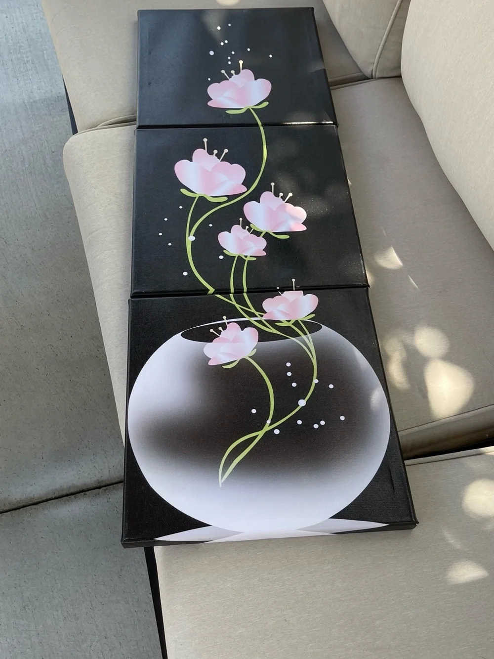 Pink Floral Trio Wall Art - Black Background